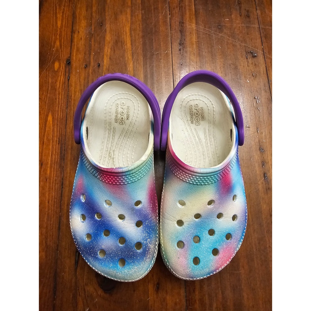 Crocs Kids Classic Clog Galaxy Tie Dye Multi Color Purple Strap Shoes Size J3
